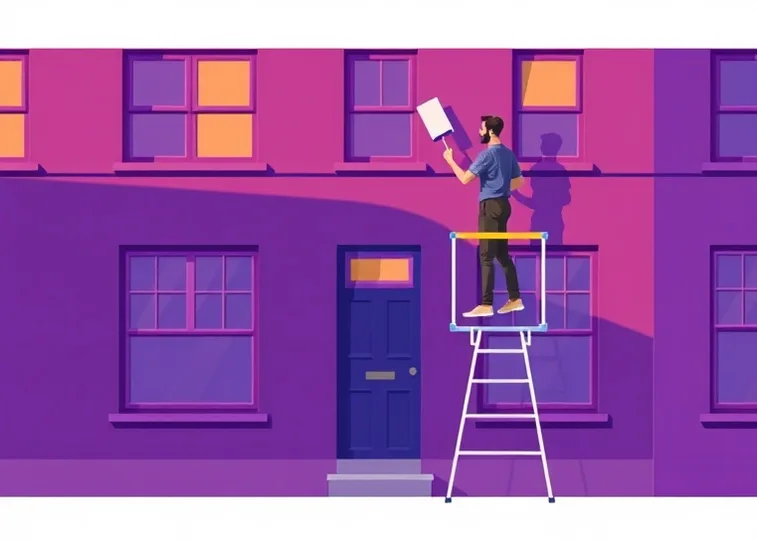 Peintre sur échafaudage traitant la façade d'une maison