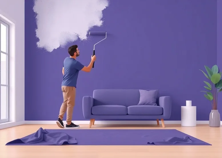 Peintre appliquant la peinture au rouleau sur un mur de salon